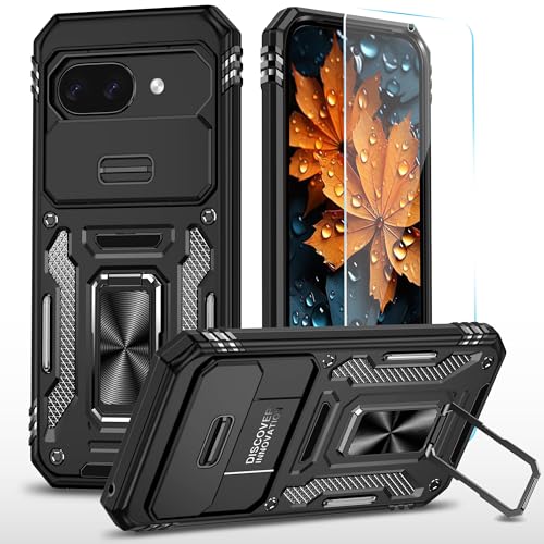 SunStory Handyhülle für Google Pixel 9A, mit HD-Displayschutzfolie, Schiebe-Kamera-Abdeckung und drehbarem Ringständer, [Militärqualität] Handyhülle für Google Pixel 9A, Z_Schwarz von SunStory