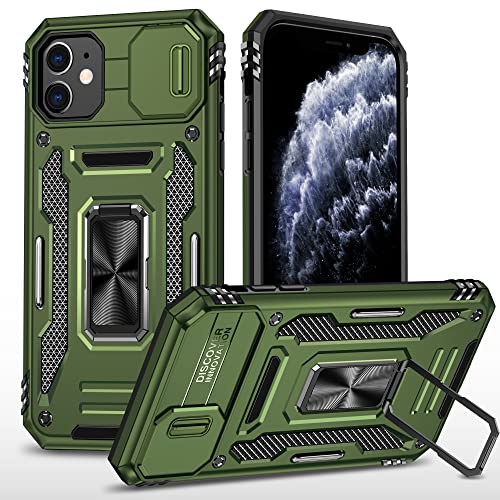 SunStory Handyhülle für iPhone 11, mit HD-Displayschutzfolie, Schiebe-Kamera-Abdeckung und drehbarem Ringständer, [Militärqualität] Handyhülle für iPhone 11 6,1 Zoll, Z_OliveGreen von SunStory