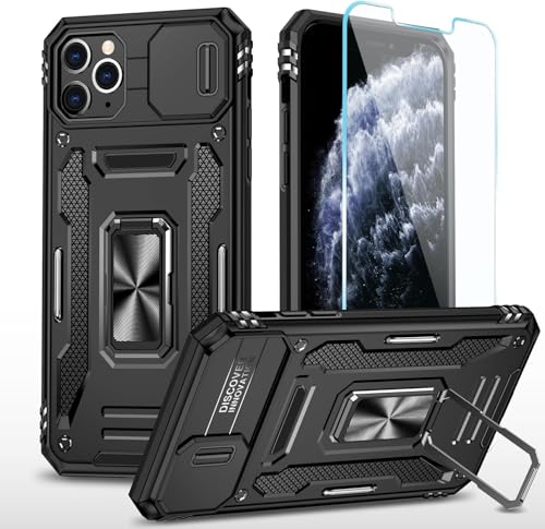 SunStory Kompatibel mit iPhone 11 Pro Max Hülle mit HD-Displayschutzfolie, Schiebe-Kamera-Abdeckung und drehbarem Ringständer, [Militärqualität] Handyhülle für iPhone 11 Pro Max (ZBlack) von SunStory