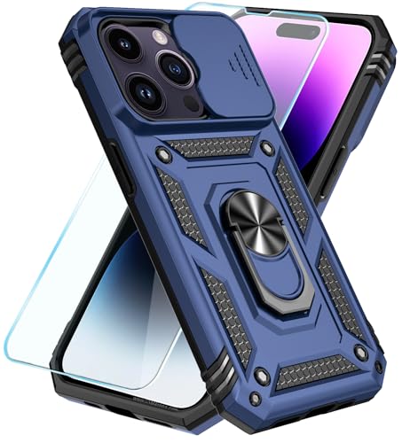 SunStory Kompatibel mit iPhone 14 Pro Max Hülle mit HD-Displayschutzfolie, Schiebe-Kamera-Abdeckung und drehbarem Ringständer, [Militärqualität] Handyhülle für iPhone 14 Pro Max (blau) von SunStory
