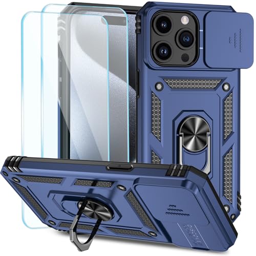 SunStory Kompatibel mit iPhone 15 Pro Hülle mit HD-Displayschutzfolie, Schiebe-Kamera-Abdeckung und drehbarem Ringständer, [Militärqualität] Handyhülle für iPhone 15 Pro, Blau von SunStory