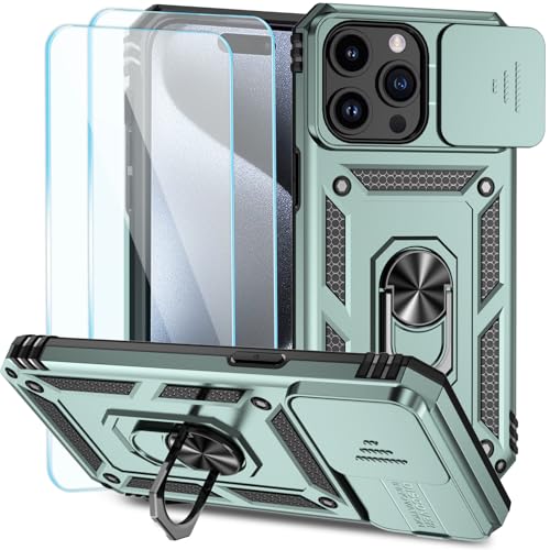 SunStory Kompatibel mit iPhone 15 Pro Max Hülle mit HD-Displayschutzfolie, Schiebe-Kamera-Abdeckung und drehbarem Ringständer, [Militärqualität] Handyhülle für iPhone 15 Pro Max, Grün von SunStory