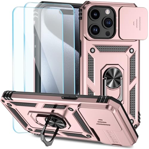 SunStory Kompatibel mit iPhone 15 Pro Max Hülle mit HD-Displayschutzfolie, Schiebe-Kamera-Abdeckung und drehbarem Ringständer, [Militärqualität] Handyhülle für iPhone 15 Pro Max, Roségold von SunStory