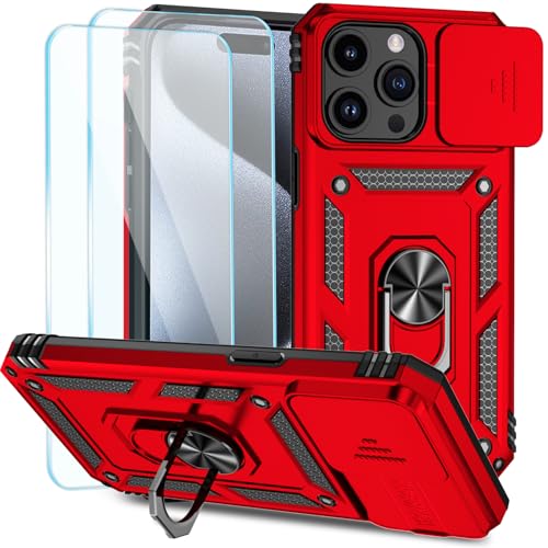 SunStory Kompatibel mit iPhone 15 Pro Max Hülle mit HD-Displayschutzfolie, Schiebe-Kamera-Abdeckung und drehbarem Ringständer, [Militärqualität] Handyhülle für iPhone 15 Pro Max, Rot von SunStory
