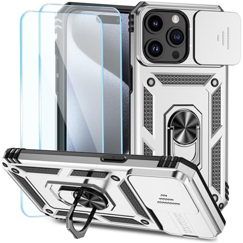 SunStory Kompatibel mit iPhone 15 Pro Max Hülle mit HD-Displayschutzfolie, Schiebe-Kamera-Abdeckung und drehbarem Ringständer, [Militärqualität] Handyhülle für iPhone 15 Pro Max, Silber von SunStory