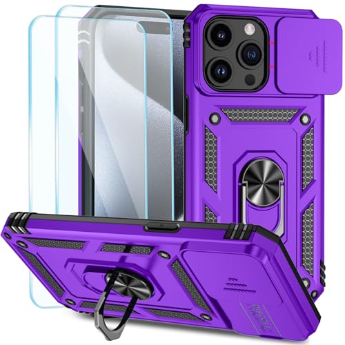 SunStory Kompatibel mit iPhone 15 Pro Max Hülle mit HD-Displayschutzfolie, Schiebe-Kamera-Abdeckung und drehbarem Ringständer, [Militärqualität] Handyhülle für iPhone 15 Pro Max, Violett von SunStory