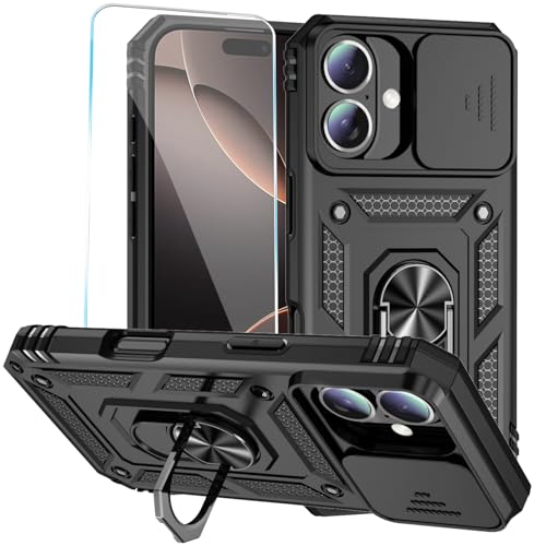 SunStory Kompatibel mit iPhone-Hülle mit HD-Displayschutzfolie, Schiebe-Kamera-Abdeckung und drehbarem Ringständer, [Militärqualität] Handyhülle für iPhone (Schwarz) von SunStory