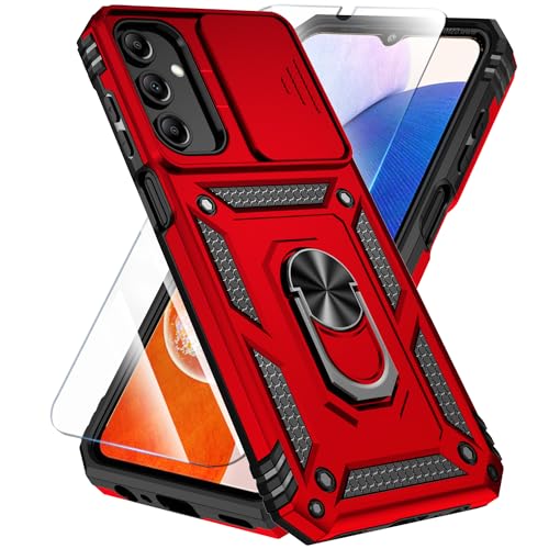 SunStory Schutzhülle für Samsung Galaxy A15 5G, mit HD-Displayschutzfolie, Schiebe-Kamera-Abdeckung, drehbarem Ringständer, Militärqualität, Handyhülle für Galaxy A15 5G, Rot von SunStory
