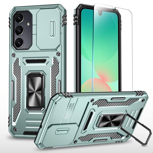 SunStory Schutzhülle für Samsung Galaxy A26 5G, mit HD-Displayschutzfolie, Schiebe-Kamera-Abdeckung und drehbarem Ringständer, strapazierfähig, stoßfest, zweilagige Handyhülle für Galaxy A26, Z_Grün von SunStory