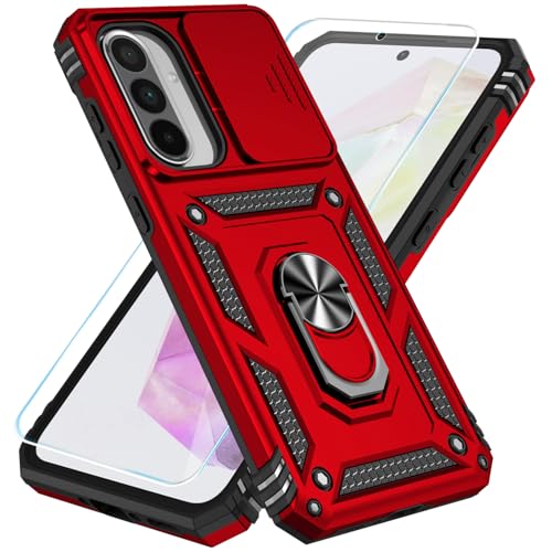 SunStory Schutzhülle für Samsung Galaxy A36 5G, A56 5G, mit HD-Displayschutzfolie, Schiebe-Kamera-Abdeckung und drehbarem Ringständer, zweilagige Handyhülle für Galaxy A36/A56, Rot von SunStory