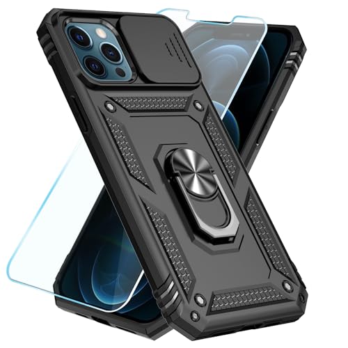 SunStory Schutzhülle für iPhone 12 Pro Max mit HD-Displayschutzfolie, Schiebe-Kamera-Abdeckung, Ständer und Militärqualität in Schwarz von SunStory