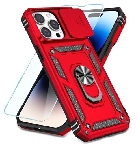 SunStory Schutzhülle für iPhone 14 Pro mit HD-Displayschutzfolie, Schiebe-Kamera-Abdeckung und Ständer, iPhone 14 Pro Handyhülle [Militärqualität] Hülle für iPhone 14 Pro (rot) von SunStory