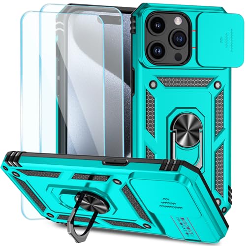 SunStory Schutzhülle für iPhone 15 Pro Max mit HD-Displayschutzfolie, Schiebe-Kamera-Abdeckung und drehbarem Ringständer, Militärqualität, Handyhülle für iPhone 15 Pro Max, Blaugrün von SunStory