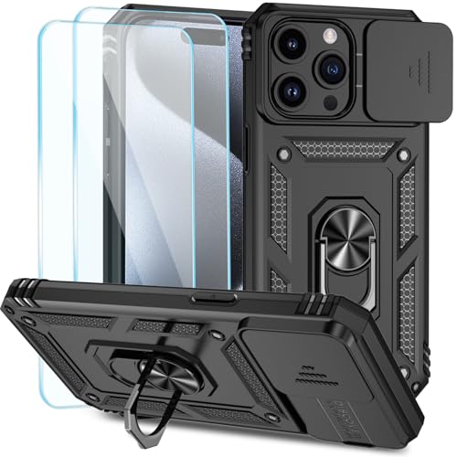 SunStory Schutzhülle für iPhone 15 Pro Max mit HD-Displayschutzfolie, Schiebe-Kamera-Abdeckung und drehbarem Ringständer, Militärqualität, Handyhülle für iPhone 15 Pro Max, Schwarz von SunStory