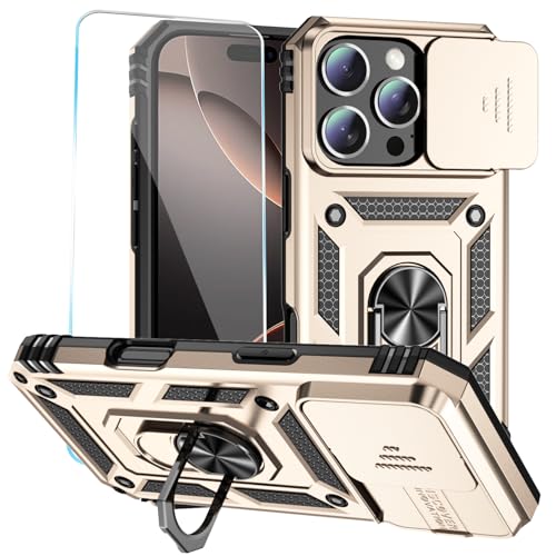SunStory Schutzhülle für iPhone 16 Pro mit HD-Displayschutzfolie, Schiebe-Kamera-Abdeckung und drehbarem Ringständer, [Militärqualität] Handyhülle für iPhone 16 Pro 6,3 Zoll, Gold von SunStory