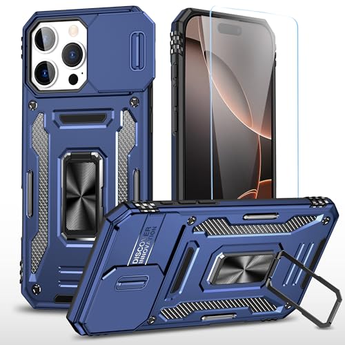 SunStory Schutzhülle für iPhone 16 Pro mit HD-Displayschutzfolie, Schiebe-Kamera-Abdeckung und drehbarem Ringständer, [Militärqualität] Handyhülle für iPhone 16 Pro 6,3 Zoll, Z_Blau von SunStory