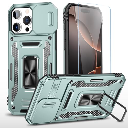 SunStory Schutzhülle für iPhone 16 Pro mit HD-Displayschutzfolie, Schiebe-Kamera-Abdeckung und drehbarem Ringständer, [Militärqualität] Handyhülle für iPhone 16 Pro 6,3 Zoll, Z_Grün von SunStory