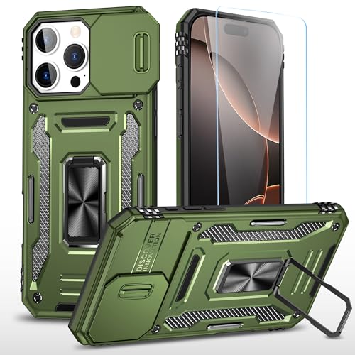 SunStory Schutzhülle für iPhone 16 Pro mit HD-Displayschutzfolie, Schiebe-Kamera-Abdeckung und drehbarem Ringständer, [Militärqualität] Handyhülle für iPhone 16 Pro 6,3 Zoll, Z_OliveGreen von SunStory