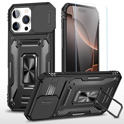 SunStory Schutzhülle für iPhone 16 Pro mit HD-Displayschutzfolie, Schiebe-Kamera-Abdeckung und drehbarem Ringständer, [Militärqualität] Handyhülle für iPhone 16 Pro 6,3 Zoll, Z_Schwarz von SunStory