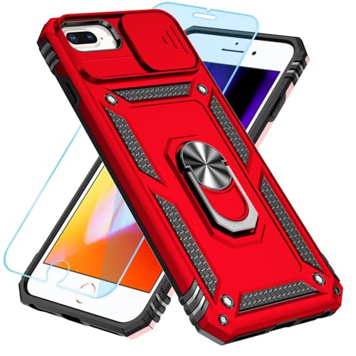 SunStory Kompatibel mit iPhone 8/7/6 Plus Hülle mit HD-Displayschutzfolie, Schiebe-Kamera-Abdeckung und drehbarem Ringständer, [Militärqualität] Handyhülle für iPhone 6/7/8 Plus (rot) von SunStory