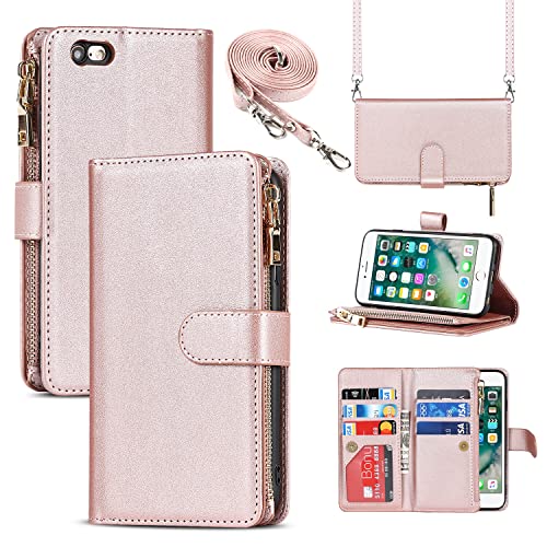 SunYoo Crossbody Schutzhülle für iPhone 6S / 6, mit Kartenfach, PU-Leder, Reißverschluss, Magnetverschluss, Handtasche mit abnehmbarem Umhängeband, Pink von SunYoo