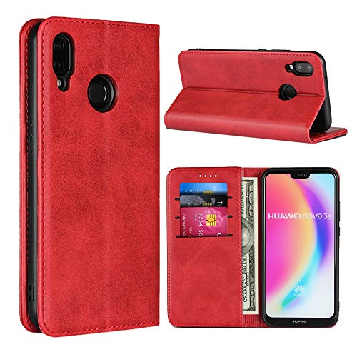 SunYoo Schutzhülle für Huawei P20 Lite, Rindsleder-Muster, magnetisch, mit Standfunktion, mit Kartenfächern/, kompatibel mit Huawei P20 Lite (14,8 cm), weinrot von SunYoo