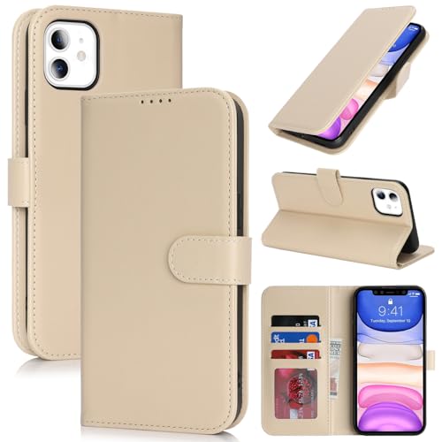 SunYoo Schutzhülle für iPhone 11, mit Kartenhalter, für iPhone 11, Brieftaschen-Schutzhülle für Damen und Herren, PU-Leder, stoßfest, Magnetschnalle, Ständer, Klapphülle, Beige von SunYoo