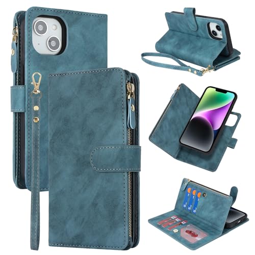 SunYoo Schutzhülle für iPhone 14Pro, 2-in-1, abnehmbare Brieftasche, Magnetverschluss, PU-Leder, Folio-Schutzhülle mit Reißverschluss, Münzfach und 6 Kartenfächern, Blau von SunYoo