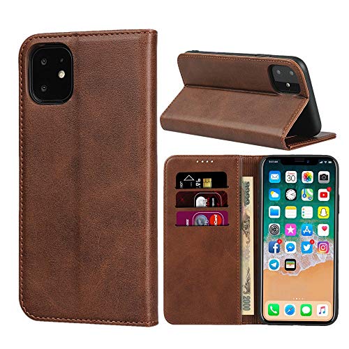 SunYoo for iPhone 11 Case,Cowhide Pattern Leather Magnetic Book Wallet Case Stand Holder Flip Cover with Card Slots/Cash Compartment for iPhone 11(6.1")-Dark Brown von SunYoo