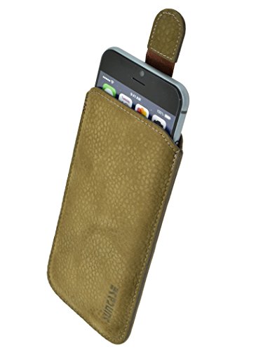 Original Suncase Tasche für iPhone 7 PLUS / iPhone 6s PLUS / iPhone 6 PLUS (5.5 Zoll) Super Slim Leder Etui Handytasche Ledertasche Schutzhülle Case Hülle (Lasche mit Rückzugfunktion) olivgrün-veloursleder von Suncase
