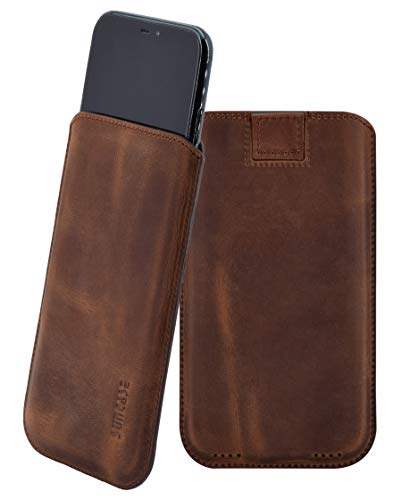 Suncase *Ultra Slim* Leder Etui kompatibel mit iPhone XR (6.1") Tasche Handytasche Ledertasche Schutzhülle Case Hülle (mit Rückzuglasche) in antik-Coffee von Suncase