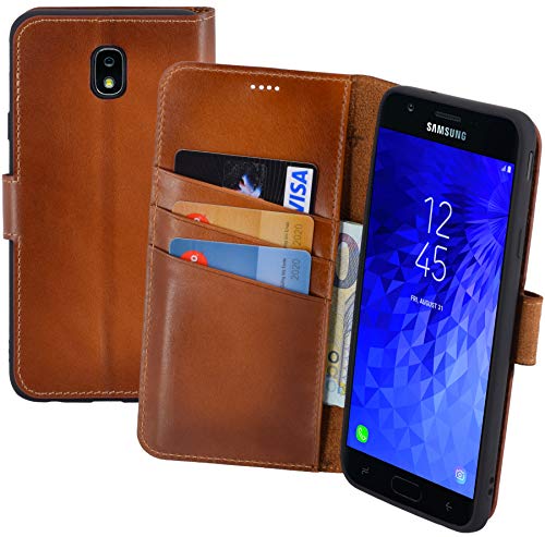 Suncase Book-Style Echt Leder Tasche kompatibel mit Samsung Galaxy J7 DuoS (2018) Schutzhülle (Slim-Fit) Case Hülle (mit Standfunktion und Kartenfach - Bruchfester Innenschale) in Burned-Cognac von Suncase