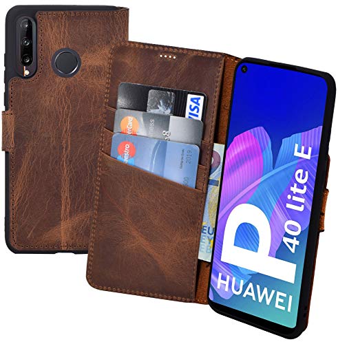 Suncase Book-Style Hülle kompatibel mit Huawei P40 Lite E Leder Tasche (Slim-Fit) Lederhülle Handytasche Schutzhülle Case mit 3 Kartenfächer in antik-Coffee von Suncase