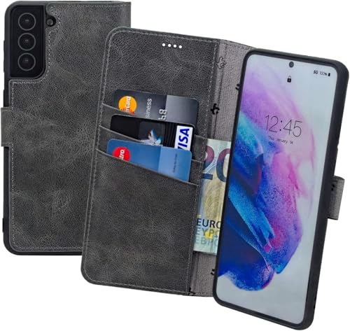 Suncase Book-Style Hülle kompatibel mit Motorola Edge 50 Pro 5G Leder Tasche (Slim-Fit) Lederhülle Handytasche Schutzhülle Case mit 3 Kartenfächer in antik-grau von Suncase