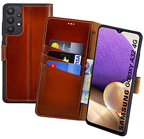 Suncase Book-Style Hülle kompatibel mit Samsung Galaxy A32 4G (Nicht für A32 5G) Leder Tasche (Slim-Fit) Lederhülle Handytasche Schutzhülle Case mit 3 Kartenfächer in Burned-Cognac von Suncase