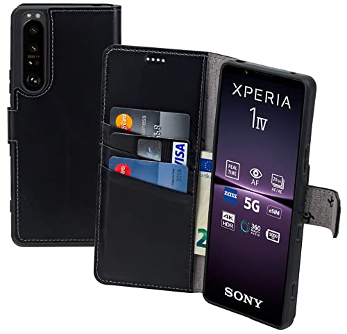Suncase Book-Style Hülle kompatibel mit Sony Xperia 1 IV (2022) Leder Tasche (Slim-Fit) Lederhülle Handytasche Schutzhülle Case mit 3 Kartenfächer in schwarz von Suncase