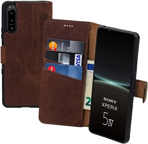 Suncase Book-Style Hülle kompatibel mit Sony Xperia 1 VII 7 (2025) Leder Tasche (Slim-Fit) Lederhülle Handytasche Schutzhülle Case mit 3 Kartenfächer in antik-Coffee von Suncase
