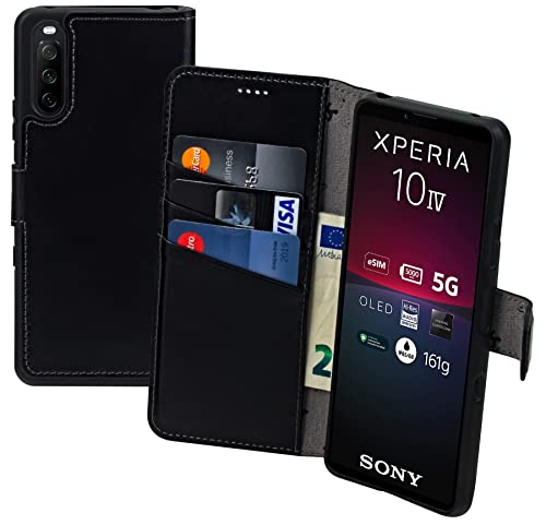 Suncase Book-Style Hülle kompatibel mit Sony Xperia 10 IV (2022) Leder Tasche (Slim-Fit) Lederhülle Handytasche Schutzhülle Case mit 3 Kartenfächer in schwarz von Suncase