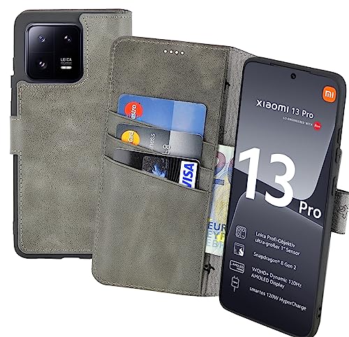 Suncase Book-Style Hülle kompatibel mit Xiaomi 13 Pro 5G Leder Tasche (Slim-Fit) Lederhülle Handytasche Schutzhülle Case mit 3 Kartenfächer in antik-grau von Suncase