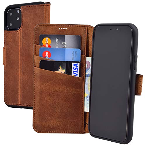 Suncase Book-Style Hülle kompatibel mit iPhone 11 Pro (5.8 Zoll) Leder Tasche (Slim-Fit) Lederhülle Handytasche Schutzhülle Case mit 3 Kartenfächer in antik-Coffee von Suncase
