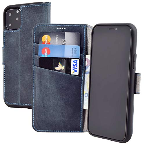 Suncase Book-Style Hülle kompatibel mit iPhone 11 Pro Max (6.5 Zoll) Leder Tasche (Slim-Fit) Lederhülle Handytasche Schutzhülle Case mit 3 Kartenfächer in Pebble-Blue von Suncase