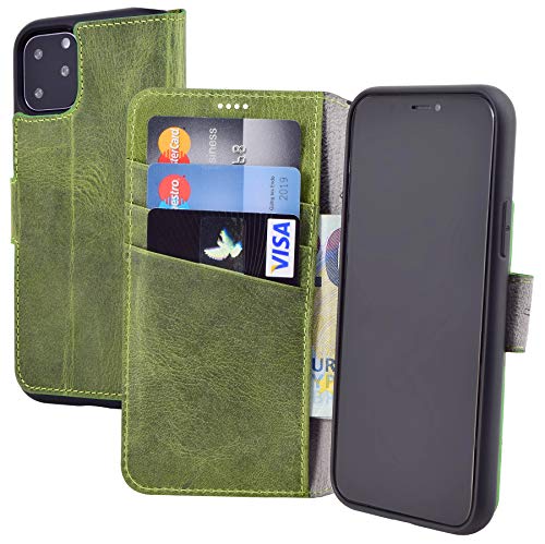 Suncase Book-Style Hülle kompatibel mit iPhone 11 Pro Max (6.5 Zoll) Leder Tasche (Slim-Fit) Lederhülle Handytasche Schutzhülle Case mit 3 Kartenfächer in antik-Kiwi grün von Suncase