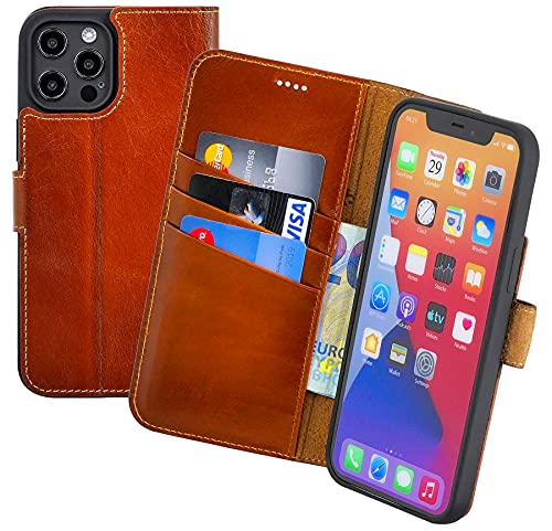 Suncase Book-Style Hülle kompatibel mit iPhone 12 Pro (6.1") Leder Tasche (Slim-Fit) Lederhülle Handytasche Schutzhülle Case mit 3 Kartenfächer in Burned-Cognac von Suncase