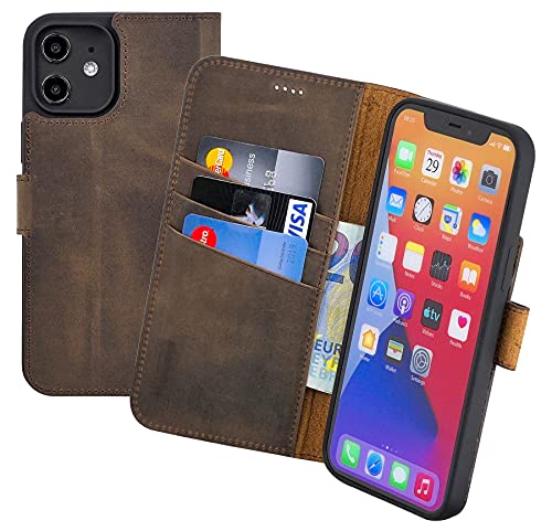 Suncase Book-Style Hülle kompatibel mit iPhone 13 (6.1") Leder Tasche (Slim-Fit) Lederhülle Handytasche Schutzhülle Case mit 3 Kartenfächer in antik-braun von Suncase