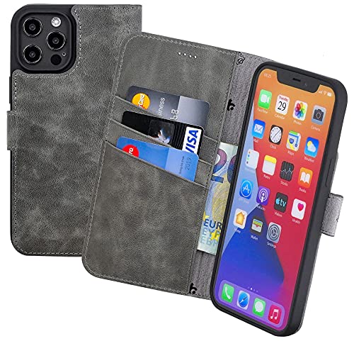Suncase Book-Style Hülle kompatibel mit iPhone 14 Plus (6.7") Leder Tasche (Slim-Fit) Lederhülle Handytasche Schutzhülle Case mit 3 Kartenfächer in antik-grau von Suncase
