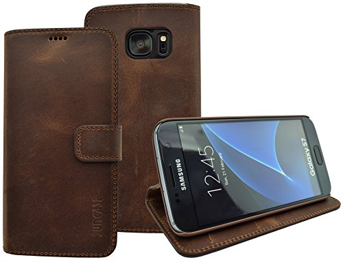 Suncase Book-Style Ledertasche Tasche für Samsung Galaxy S7 *ECHT Leder* Handytasche Case Etui Hülle (Original antik - Coffee von Suncase