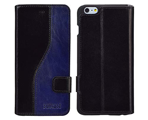 Suncase Book-Style Ledertasche kompatibel mit iPhone 6 Plus | iPhone 6s Plus (5.5 Zoll) / Tasche *ECHT Leder* Handytasche Case Etui Hülle mit Standfunktion und Kartenfach in Bicolor blau - schwarz von Suncase