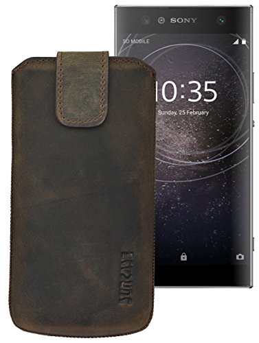 Suncase ECHT-Leder Tasche Etui für Sony Xperia XA2 Ultra (mit Rückzugsfunktion, Magnetverschluss) antik-dunkel braun von Suncase