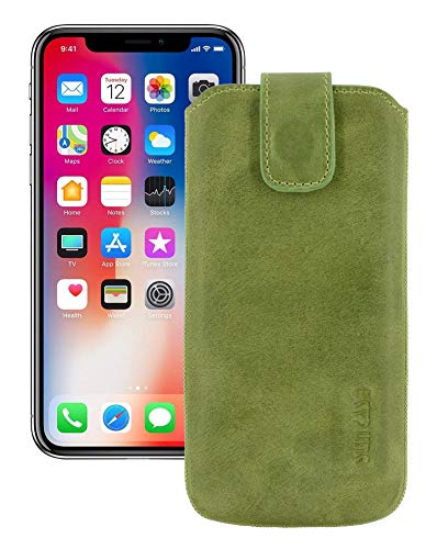 Suncase ECHT Leder Tasche für iPhone XR (6.1") mit ZUSÄTZLICHER Transparent Hülle | Schale | Silikon Bumper Handytasche (mit Rückzugsfunktion und Magnetverschluss) in antik Kiwi grün von Suncase