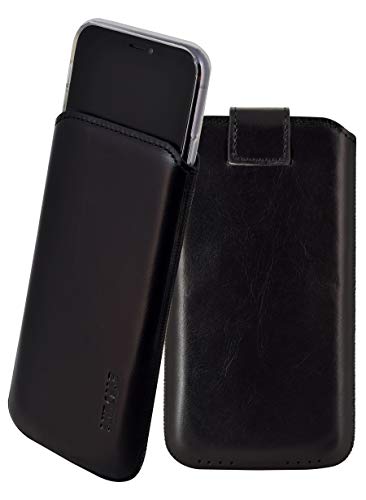 Suncase ECHT Leder Tasche kompatibel mit iPhone 11 (6.1") mit ZUSÄTZLICHER Transparent Hülle | Schale | Silikon Bumper Handytasche (mit Rückzugsfunktion und Magnetverschluss) in schwarz von Suncase